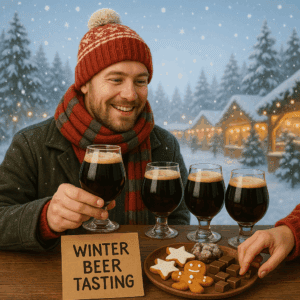 Mann mit Mütze und Schal vor winterlicher Kulisse und mit Gläsern mit dunklem Bier vor sich.